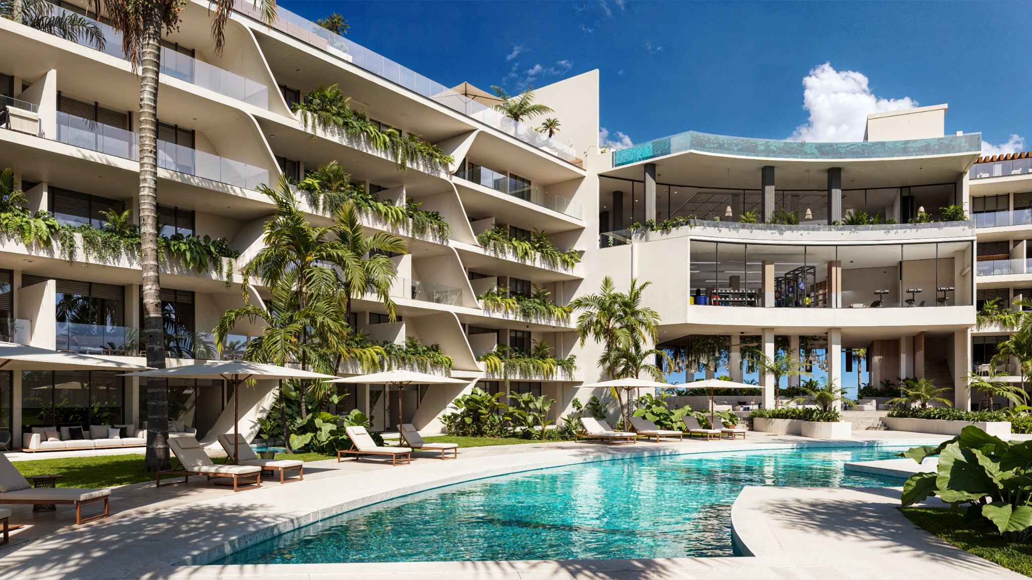 Render de piscina y fachada de Coral Lake