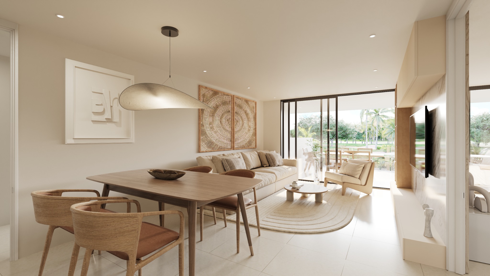 Render de sala y comedor de un apartamento de Coral Lake