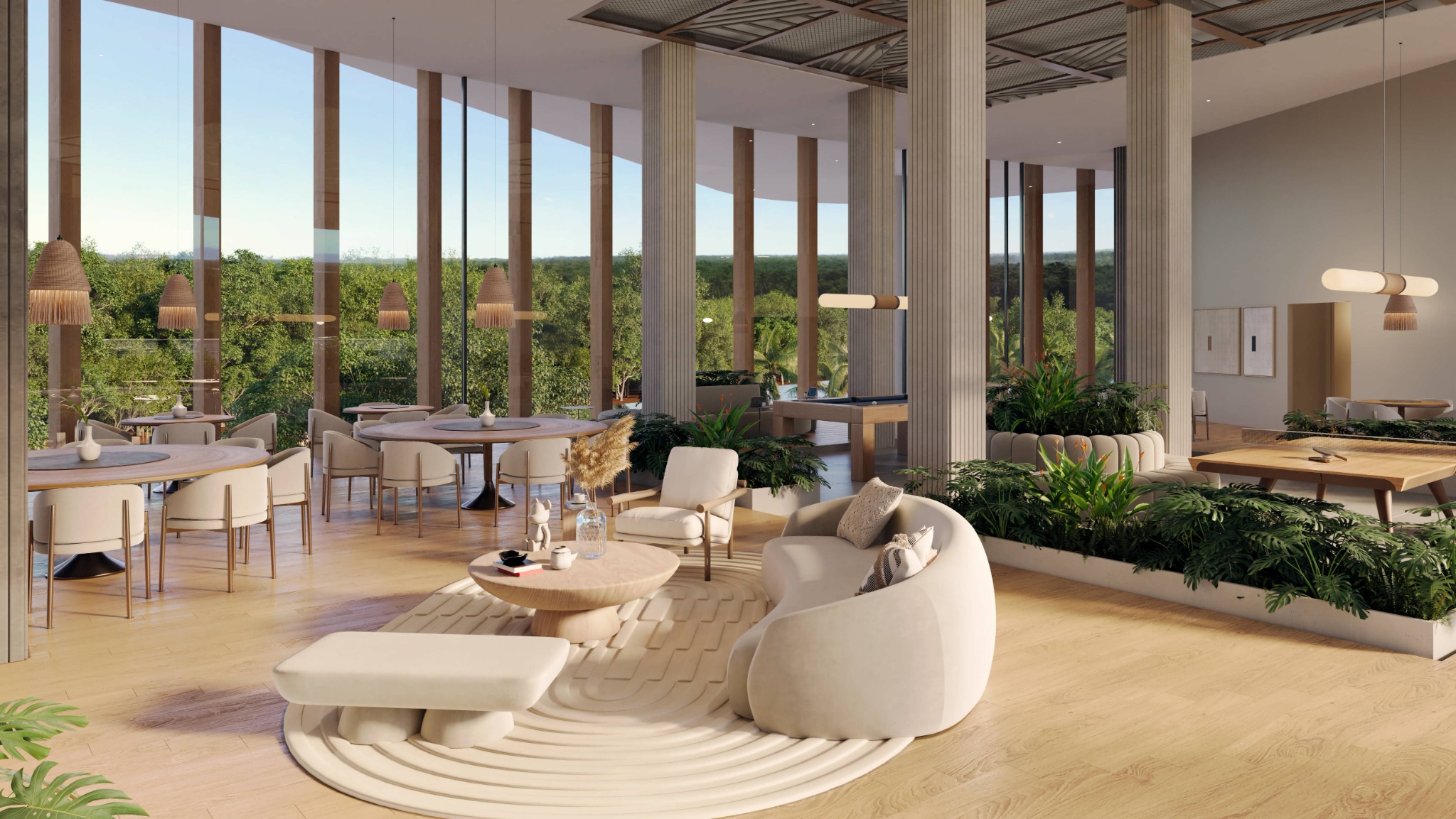 Render del área social y restaurante de Coral Lake